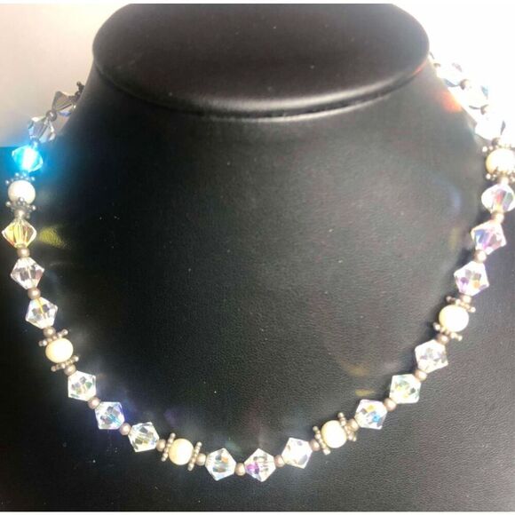 1301 Sterling silver 925 Austrian Crystal & Pearl Necklace 15.5" long - Picture 1 of 3
